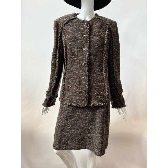 St. John Womens 2 Piece Skirt Suit Brown Nubby Tweed Raw Hem USA Vintage 10 6 - Picture 1 of 12